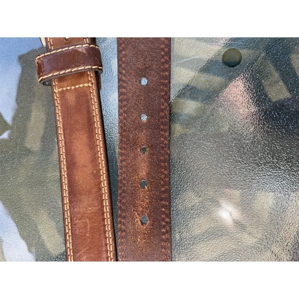 Mens Brown Genuine Leather Double Stitched Belt Size 40 Silver Buckle Distressed